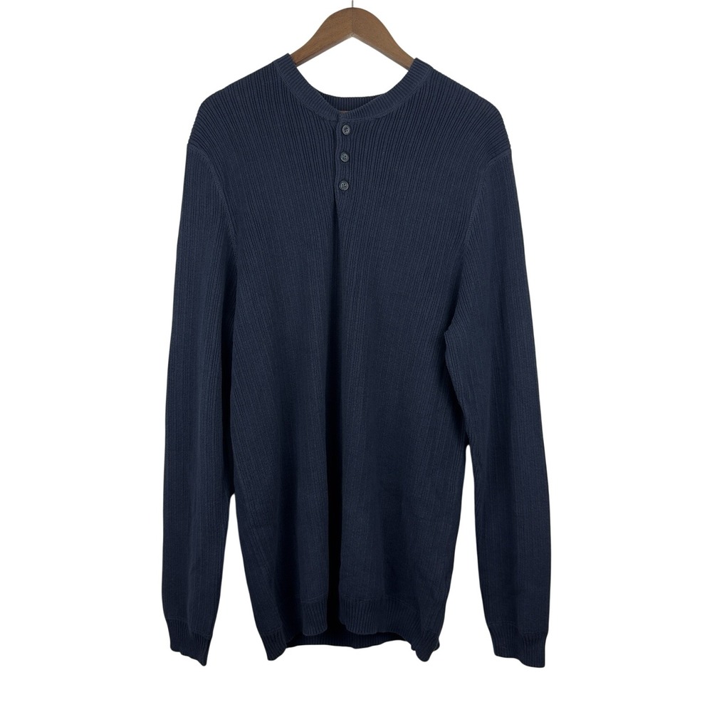 Vintage Eddie Bauer Sweater Mens XL Tall Navy Blue 3‎ Button Knit 100% Cotton
